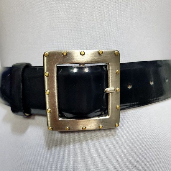Vintage 80s 90s Linea Pelle Smooth Dark Blue Leather Belt Studded Buckle - Picture 3 of 10